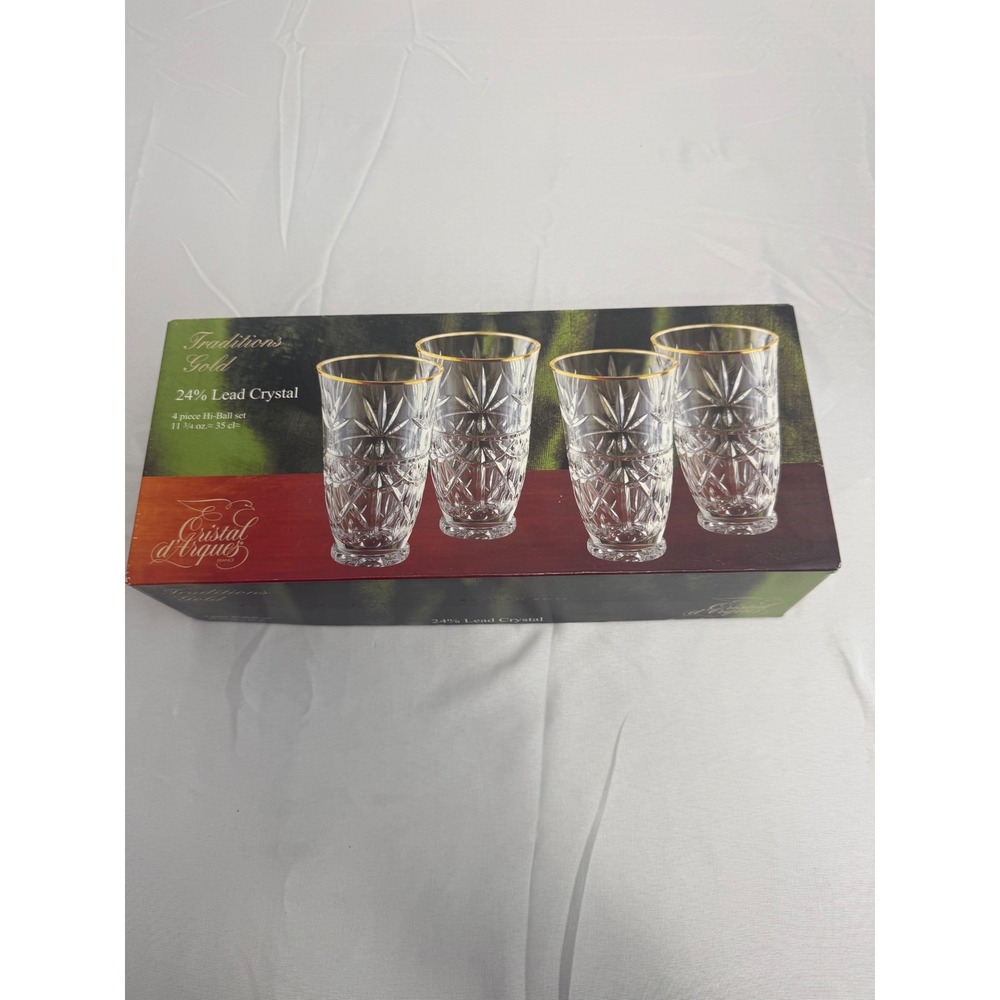 Cristal d'Arques Traditions Gold 24% Lead Crystal Hi-Ball Glasse Set of 4 France